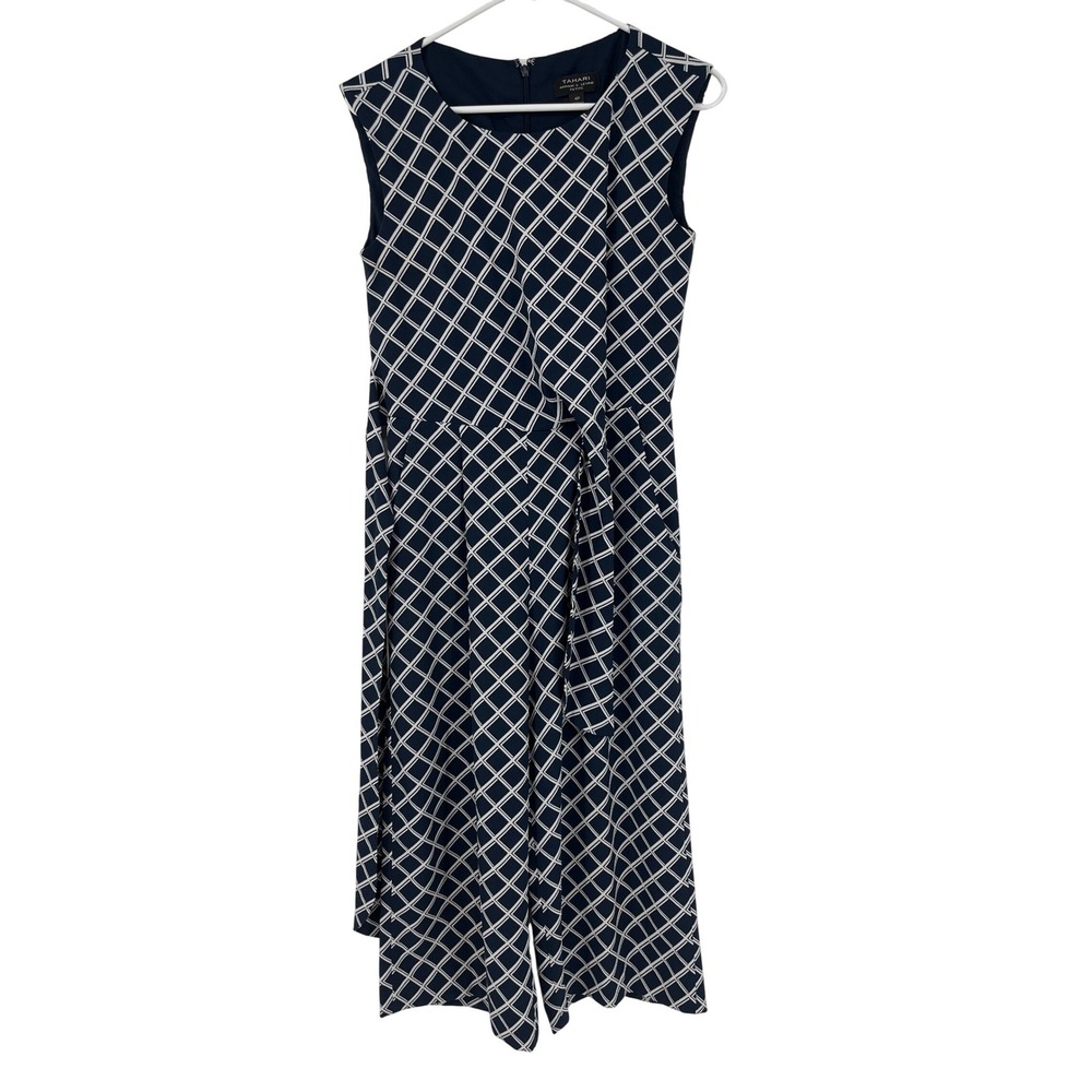 Tahari Arthur S Levine Navy White Windowpane Wide Leg Jumpsuit 4P Sleeveless